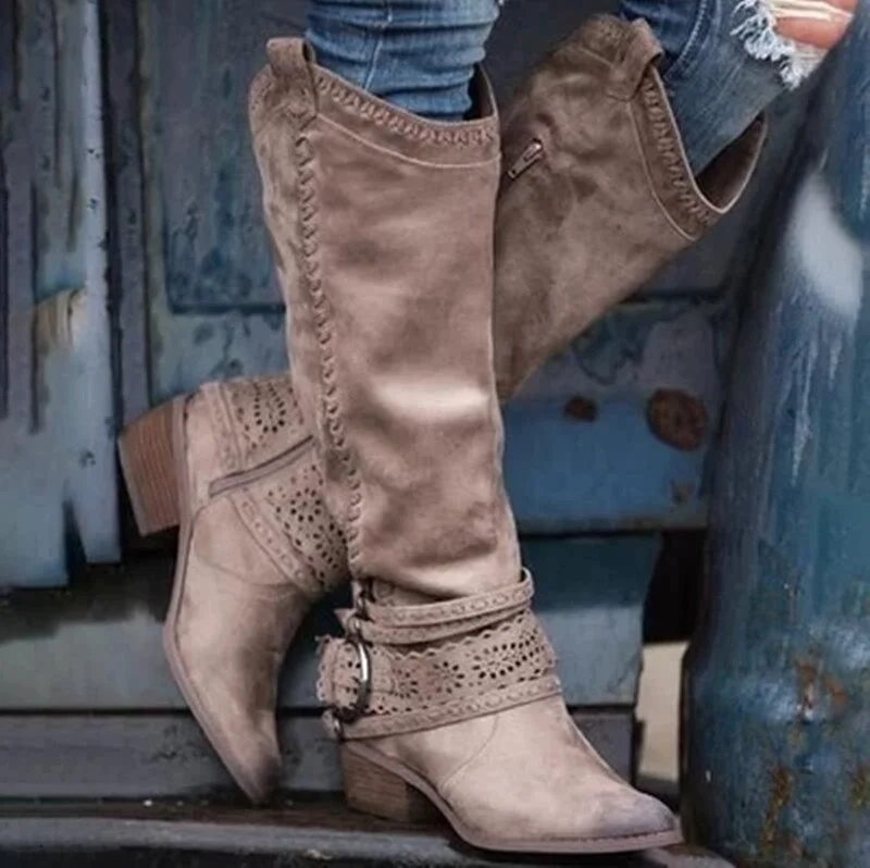 2020 Retro Women Zipper Tall Tube Leather Boots British Style Cosplay Shoes Office Ladies Causal Pattern Hollow Out Boots