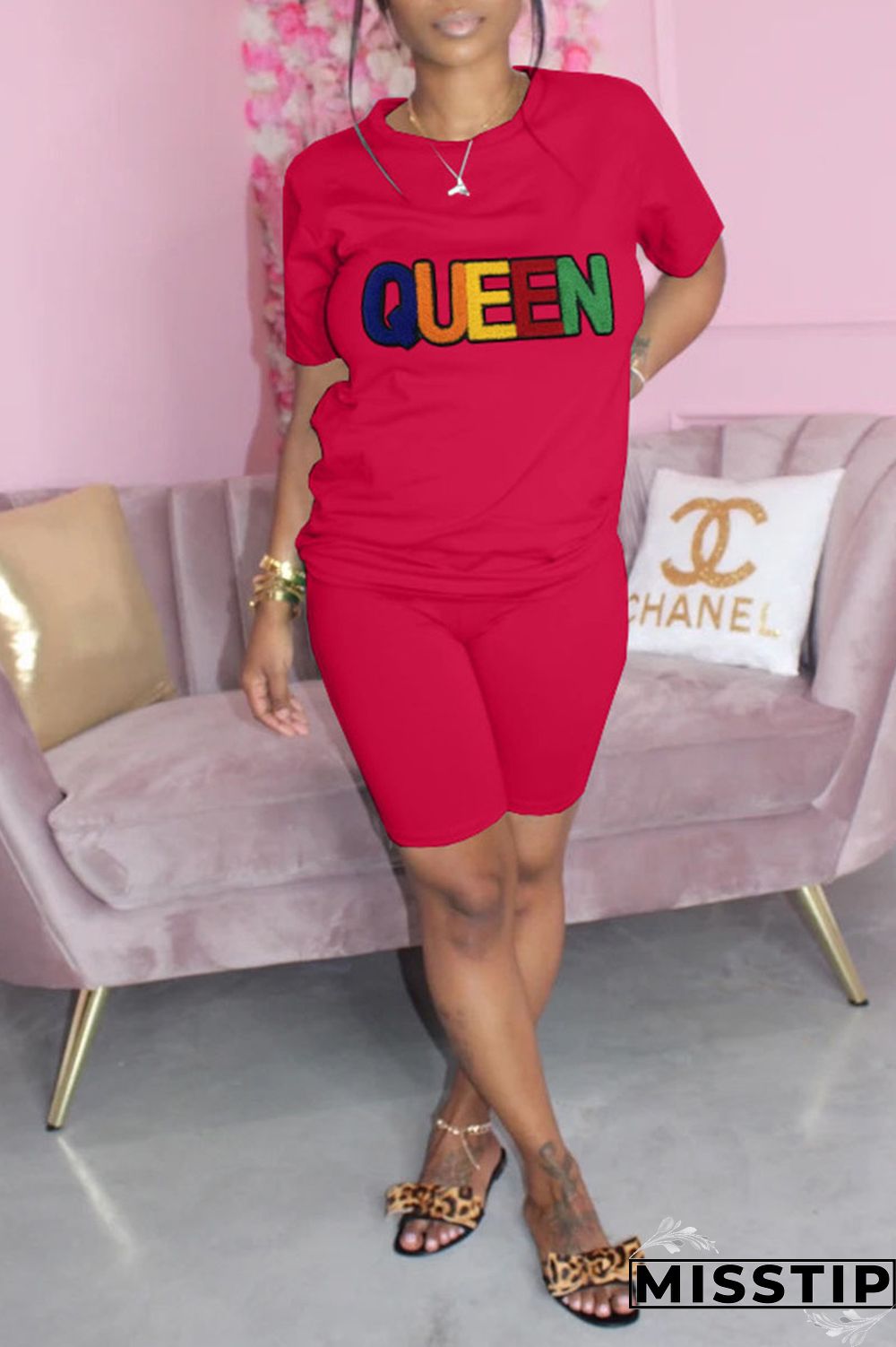 Red Casual Solid Embroidered Patchwork O Neck Short Sleeve Two Pieces