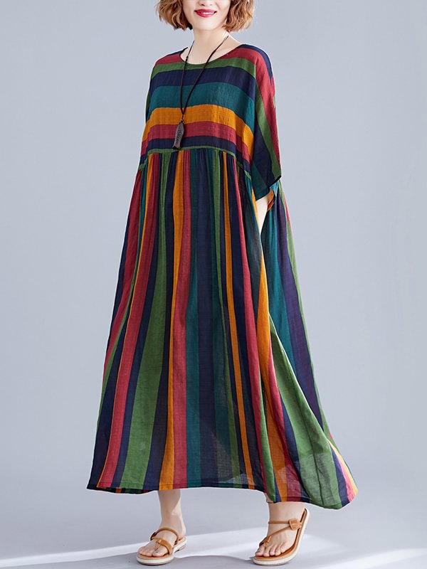 Retro ethnic style multicolor striped round neck short-sleeved dress