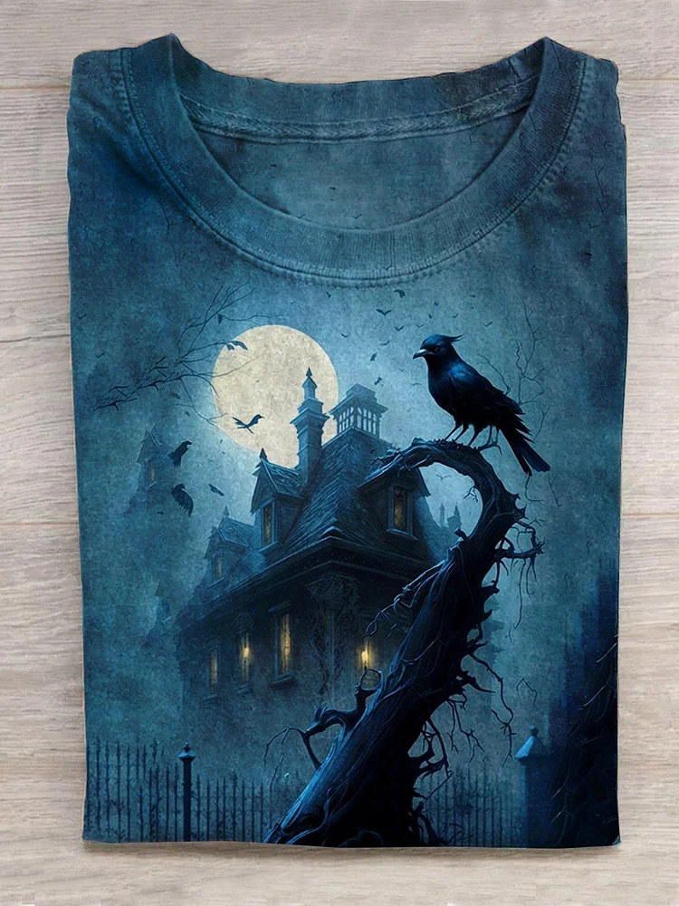 Unisex Halloween Raven Print Casual T-Shirt