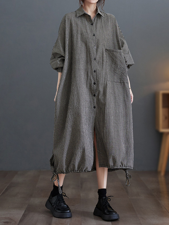 Plaid Print Long Sleeve Shirt Collar Loose Cotton Maxi Dress