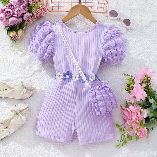 【2Y-7Y】Girls Floral Puff Sleeve Jumpsuit With Bag