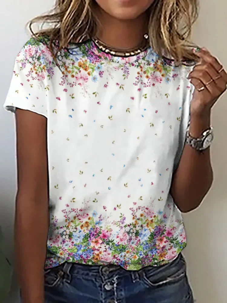 Printed Short Sleeve Casual T-shirt for  Women and Men Unisex Pattern Floral, Red, Green, Colorful