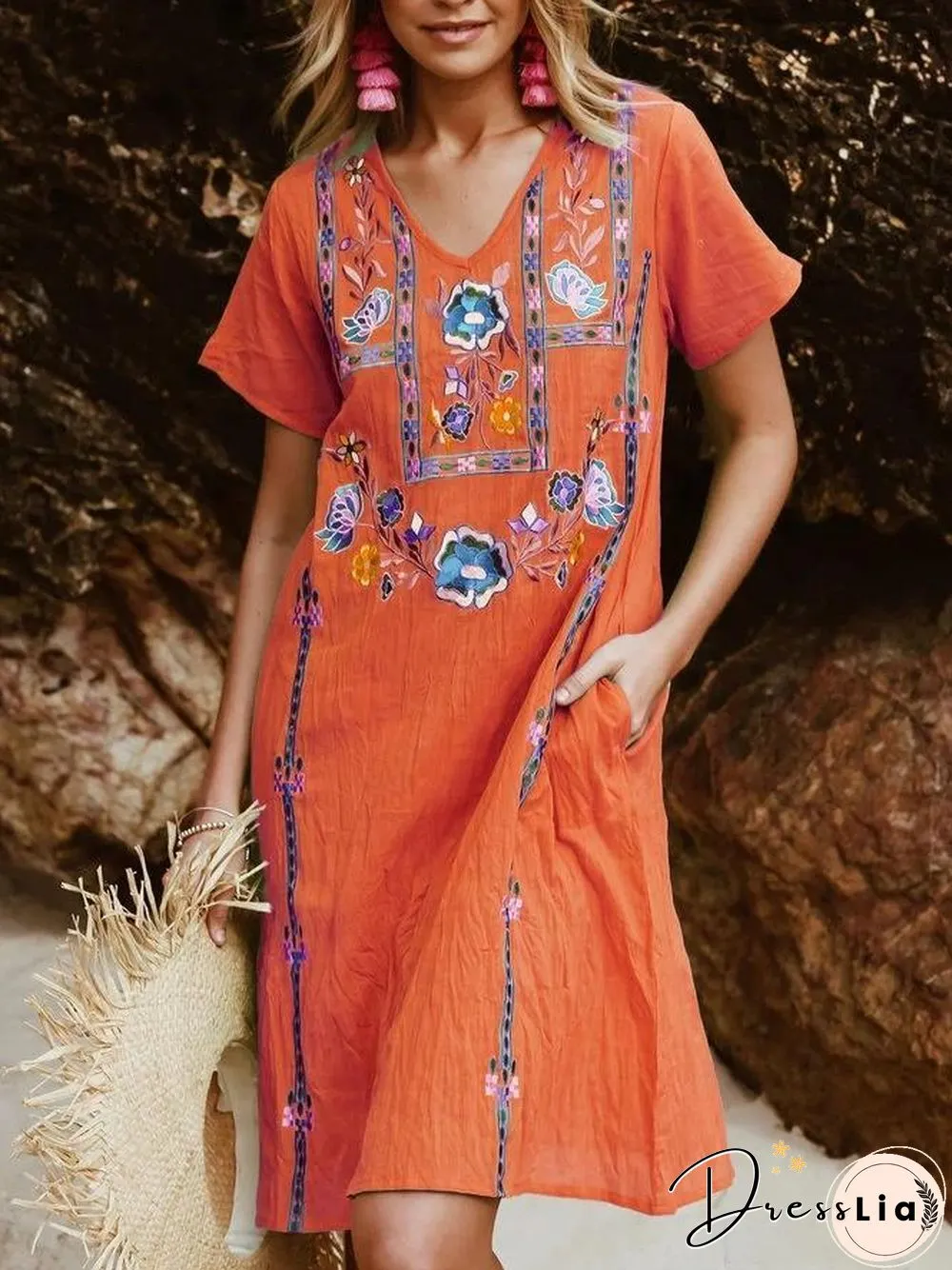 V Neck Short Sleeve Boho Floral Dresses