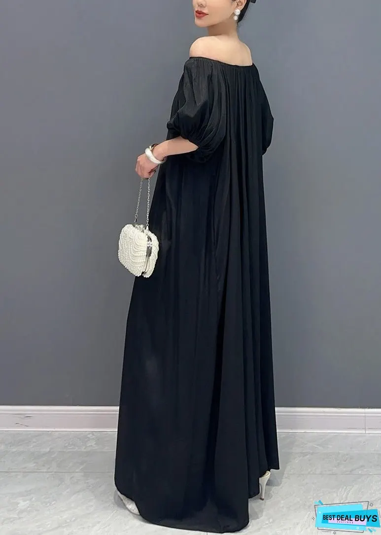 Simple Black Cold Shoulder Slash Neck Cotton Long Dress Summer