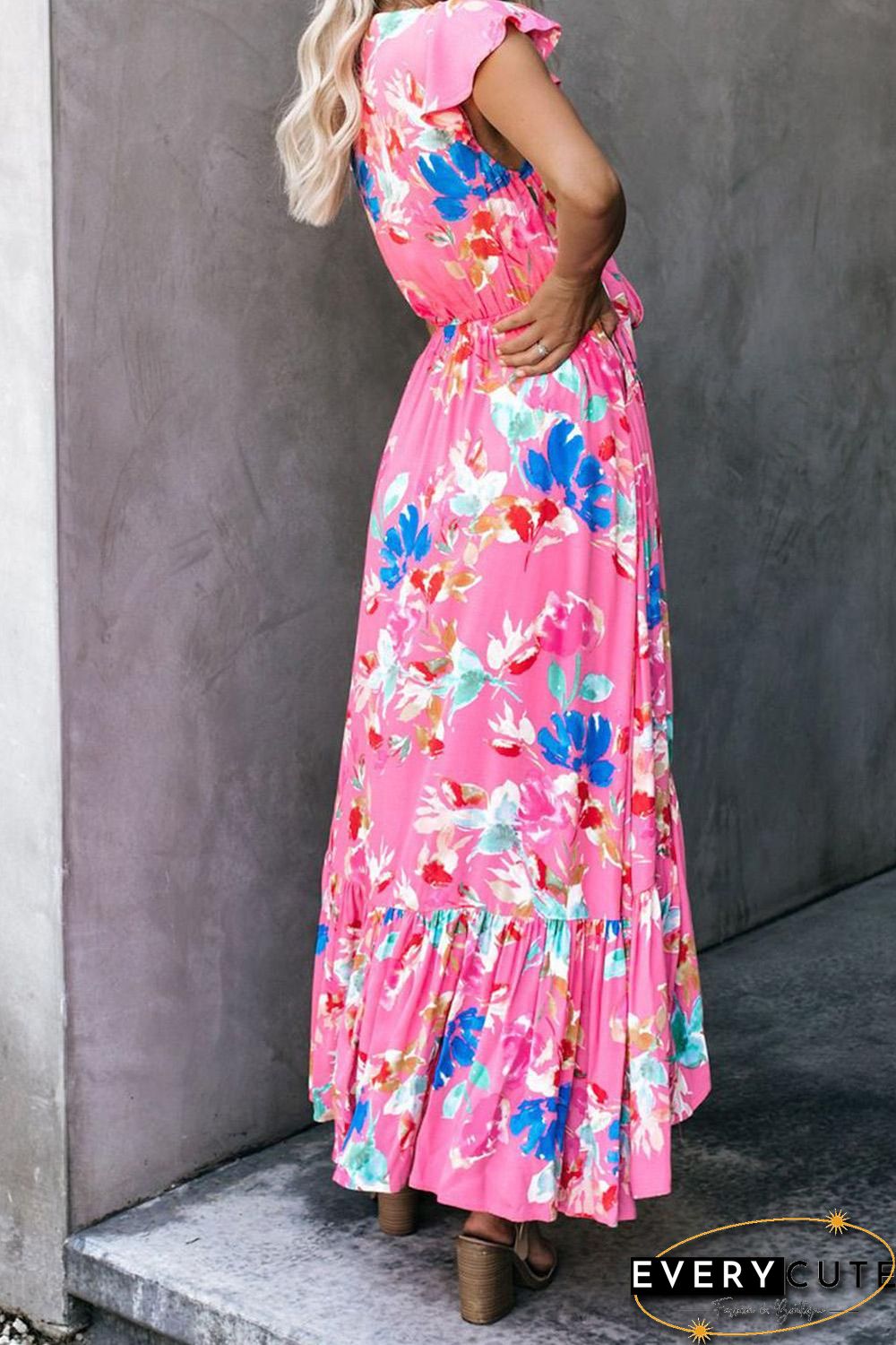 Rose Floral High Low Pocketed Tie Maxi Dress