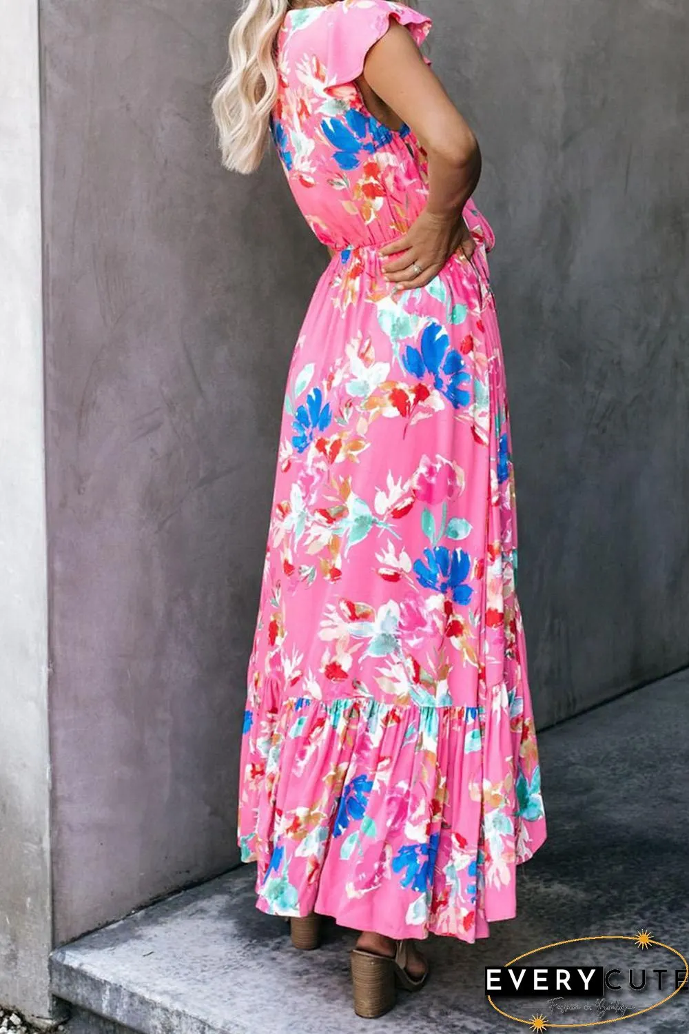Rose Floral High Low Pocketed Tie Maxi Dress
