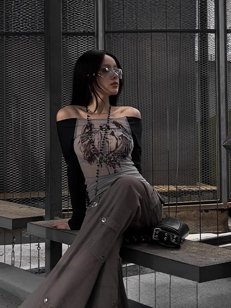 Uveng 2024 Ladies Sexy Dress Gothic Dark Print Beautiful Creative Lady Top