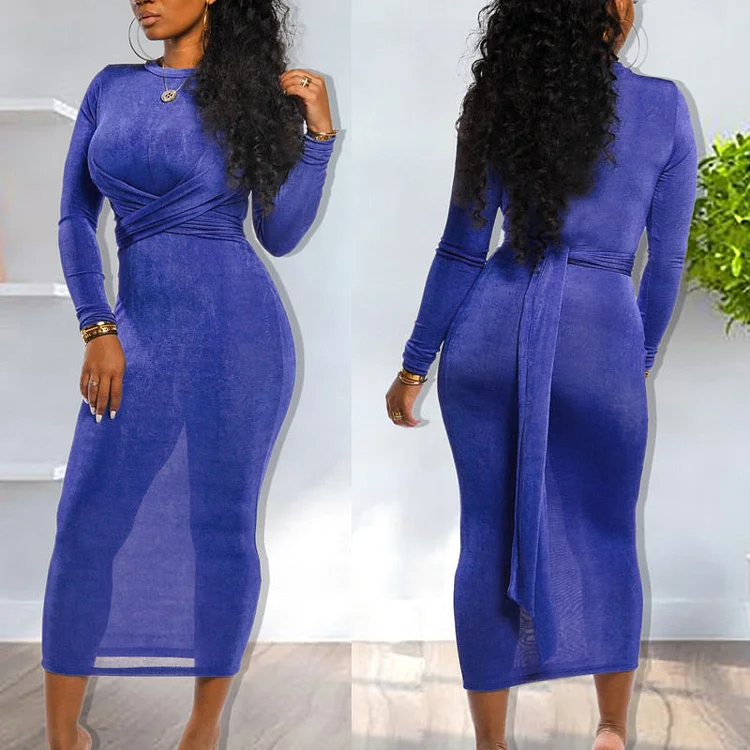 Solid Tied Long Sleeve Bodycon Maxi Dress - IRBOOM Fashion Clothing