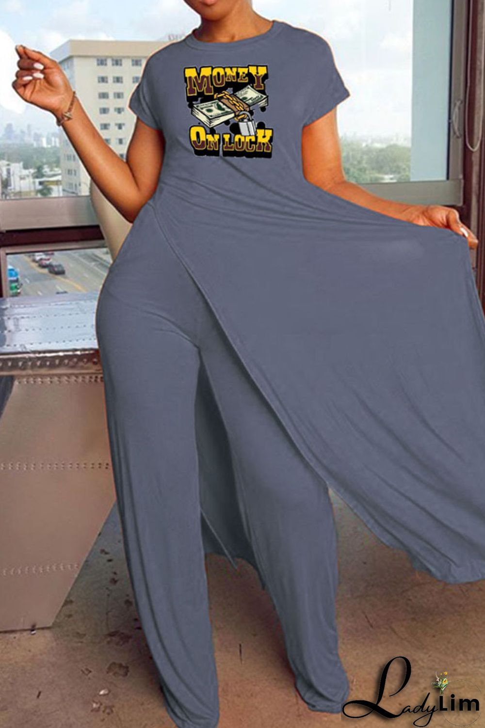 Black Casual Print Patchwork Slit O Neck Short Sleeve Two Pieces