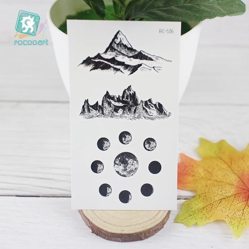 Free Shipping Planet Sun Mountain Pine Tree Temporary Tattoos Sticker Triangle Wave Tattoo Body Art Arm Black Small Fake Tattoo