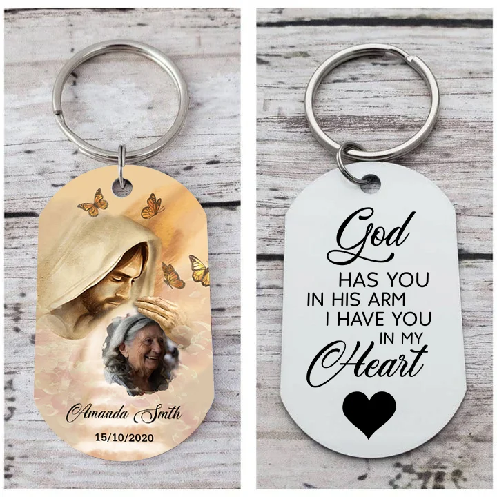 Memorial Photo Keychain Custom Name & Date Keyring Personalized Keychains - God Has You in His Arm, I Have You in My Heart