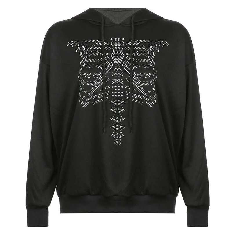 Skeleton Rhinestone Y2K Grunge Hooded Sweatshirts Women Streetwear Loose Casual Top Vintage Fashion Harajuku Shirt Cuteandpsycho