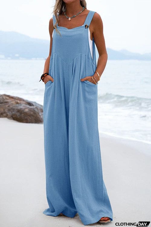 Solid Button Sling Wide-Leg Jumpsuit