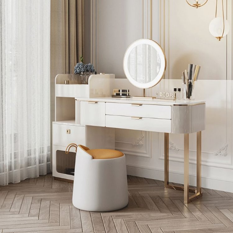 Homemys Fingerprint Unlock Sintered Stone Top Makeup Vanity Set with Stool & Cabinet & Mirror