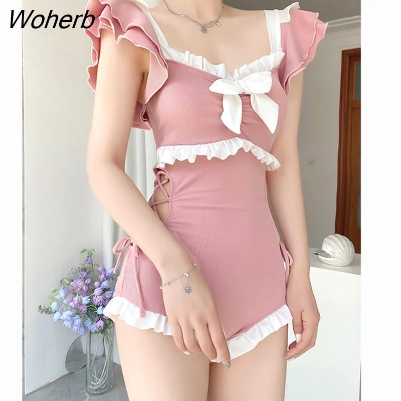 Woherb Girl Summer Sweet Bow Ruffles Patchwork High Waist Swimsuit Women Sexy Push Up Slim Beach Wear Bathing One Piece Swimwear