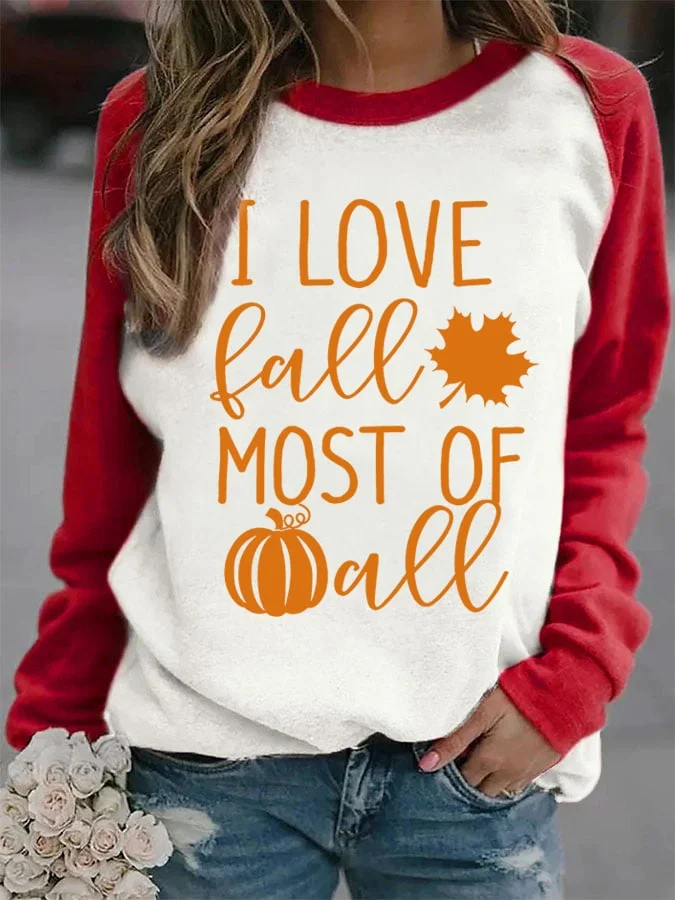 Women's I Love Fall Most Of All Print Casual Crew Neck Sweatshirt