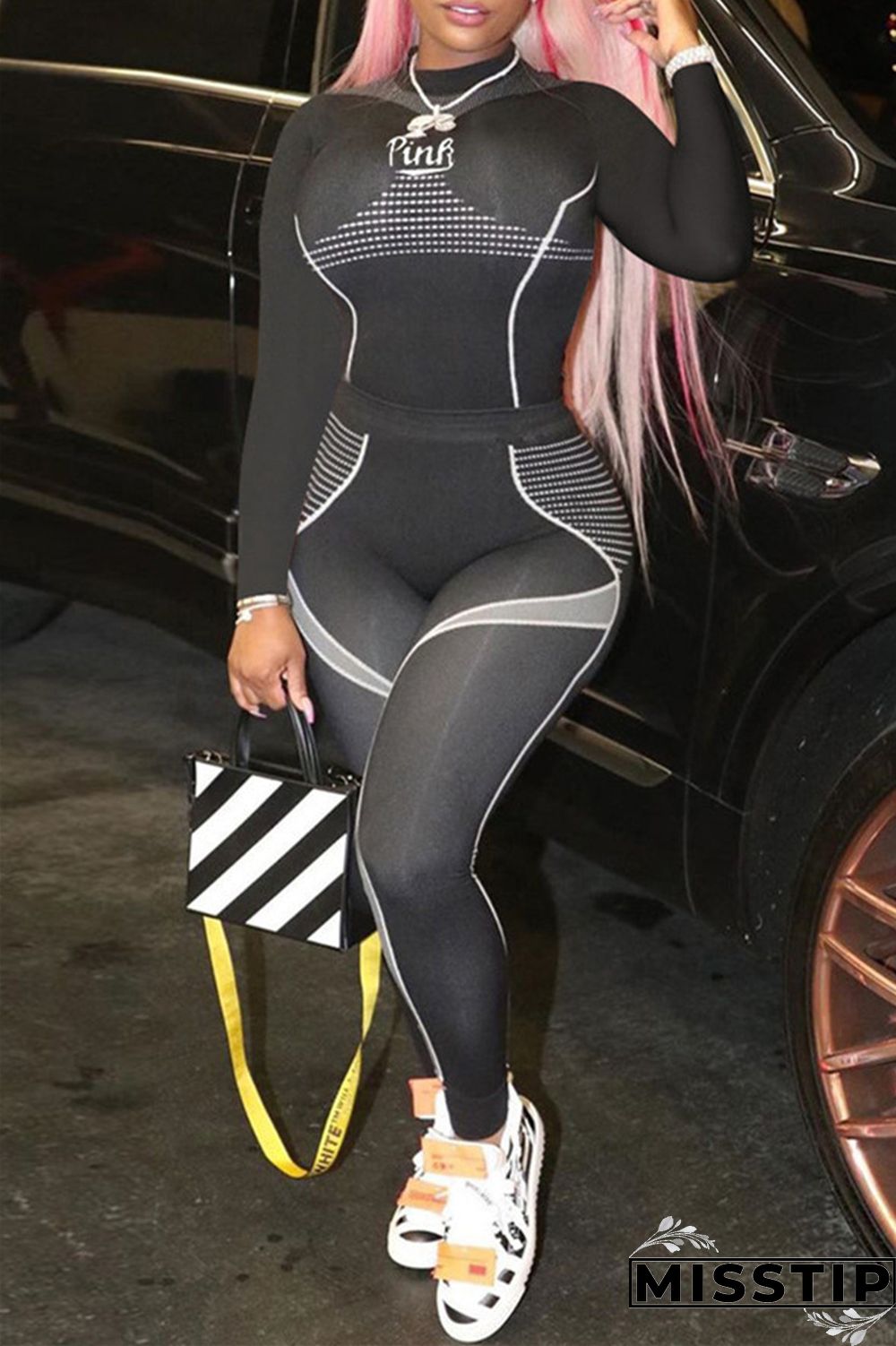 Black Fashion Sportswear Letter Print Basic O Neck Long Sleeve Two Pieces