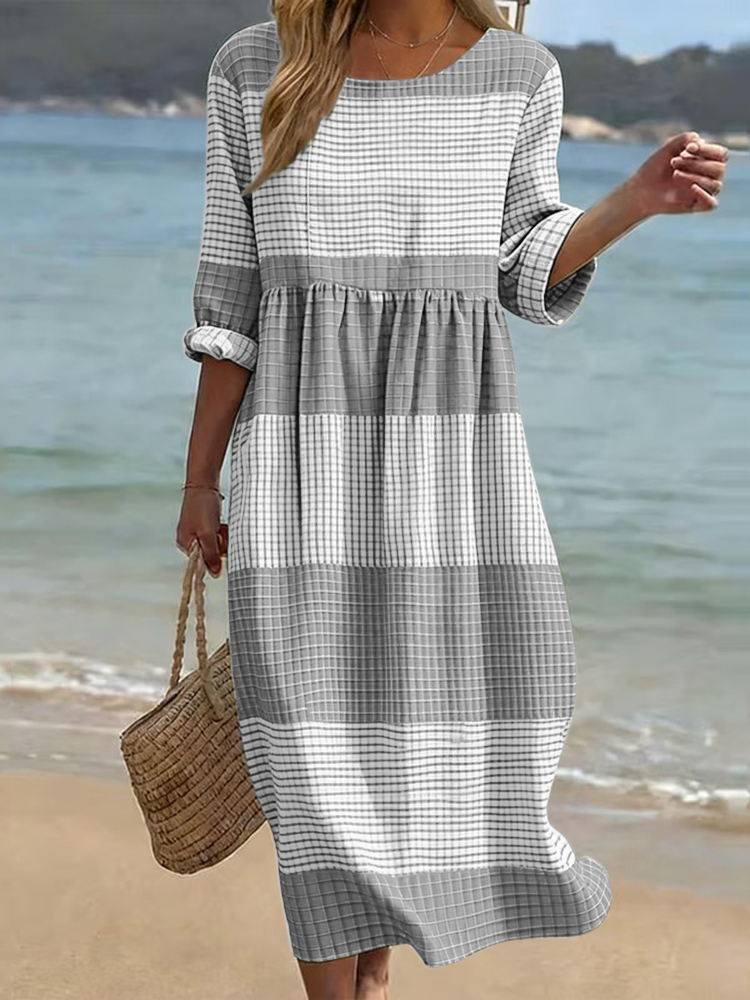 Comstylish Women's Japanese Color Block Art Linen-blend Maxi Dress