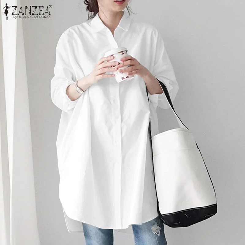 Spring Elegant Long Flare Sleeve Blouse ZANZEA Stylish Women Buttons Down Long Shirt Loose Tunic Tops Casual Solid Blusas 7