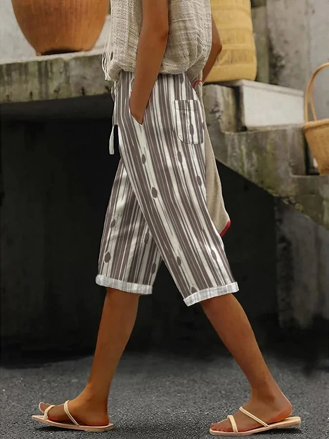Women's Polka-Dot Stripe Design Printed Lace-Up Elastic Waist Loose Casual Pants