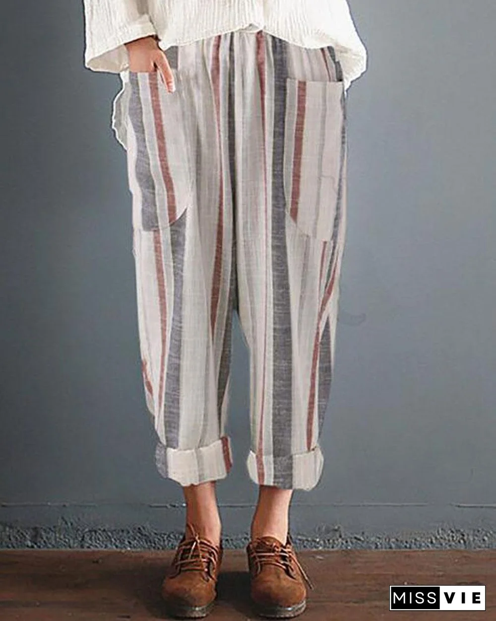 Casual Striped Pockets Cotton Linen Pants