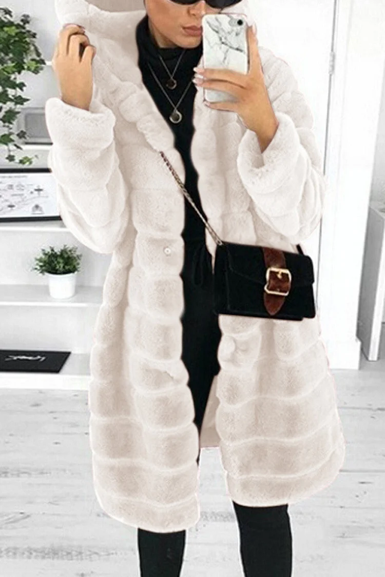 Plus Size Daily White Plush Thickened Hooded Faux Fur Long Winter Coat