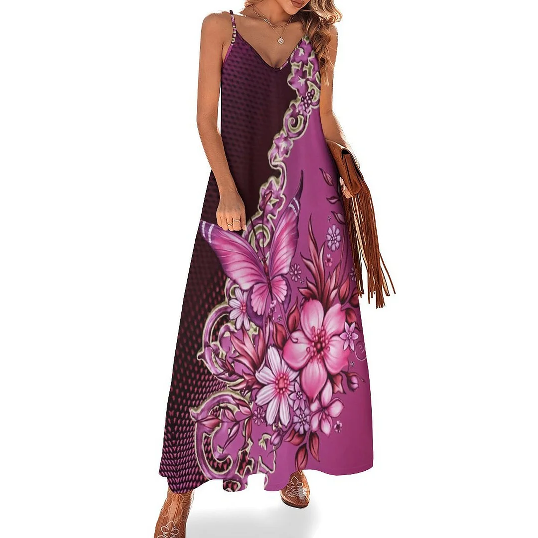 Style & Comfort for Mature Women Plus Size Printed Sling Casual Women Maxi Dress in Pattern Floral, Rose Red, Butterfly