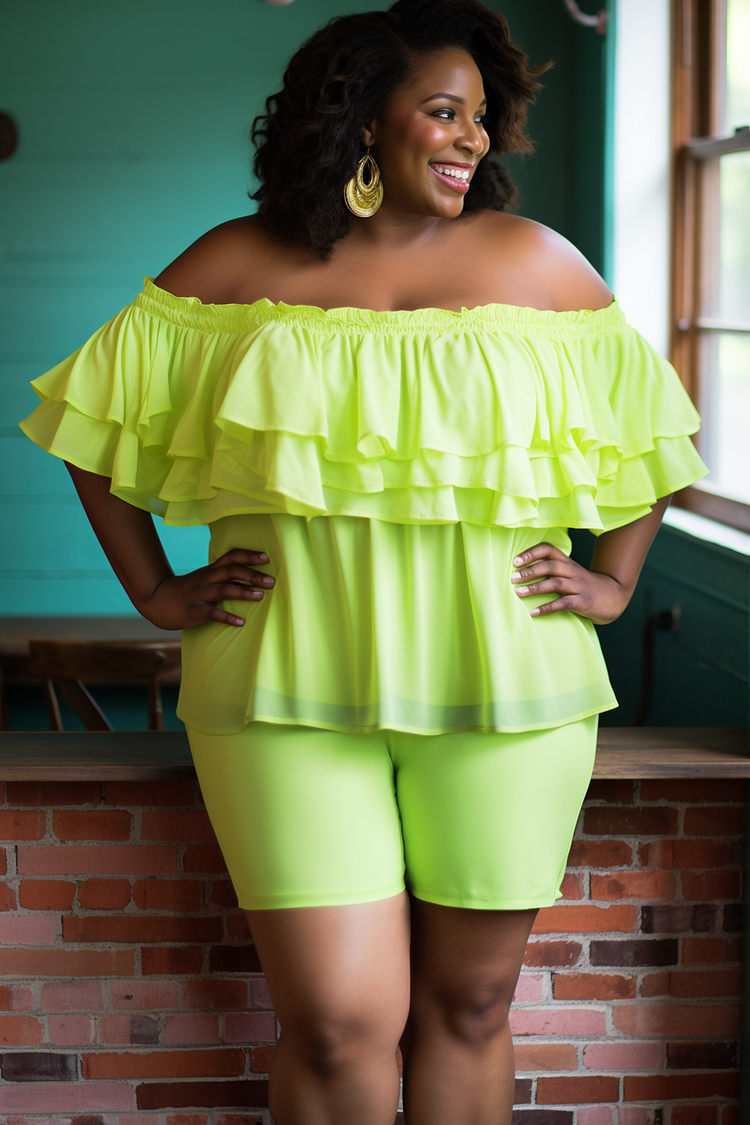 Xpluswear Design Plus Size Vacation Fluorescent Neon Green Off The Shoulder Cape Sleeve Short Sleeve Ruffle Knitted Two Piece Short Sets [Pre-Order]