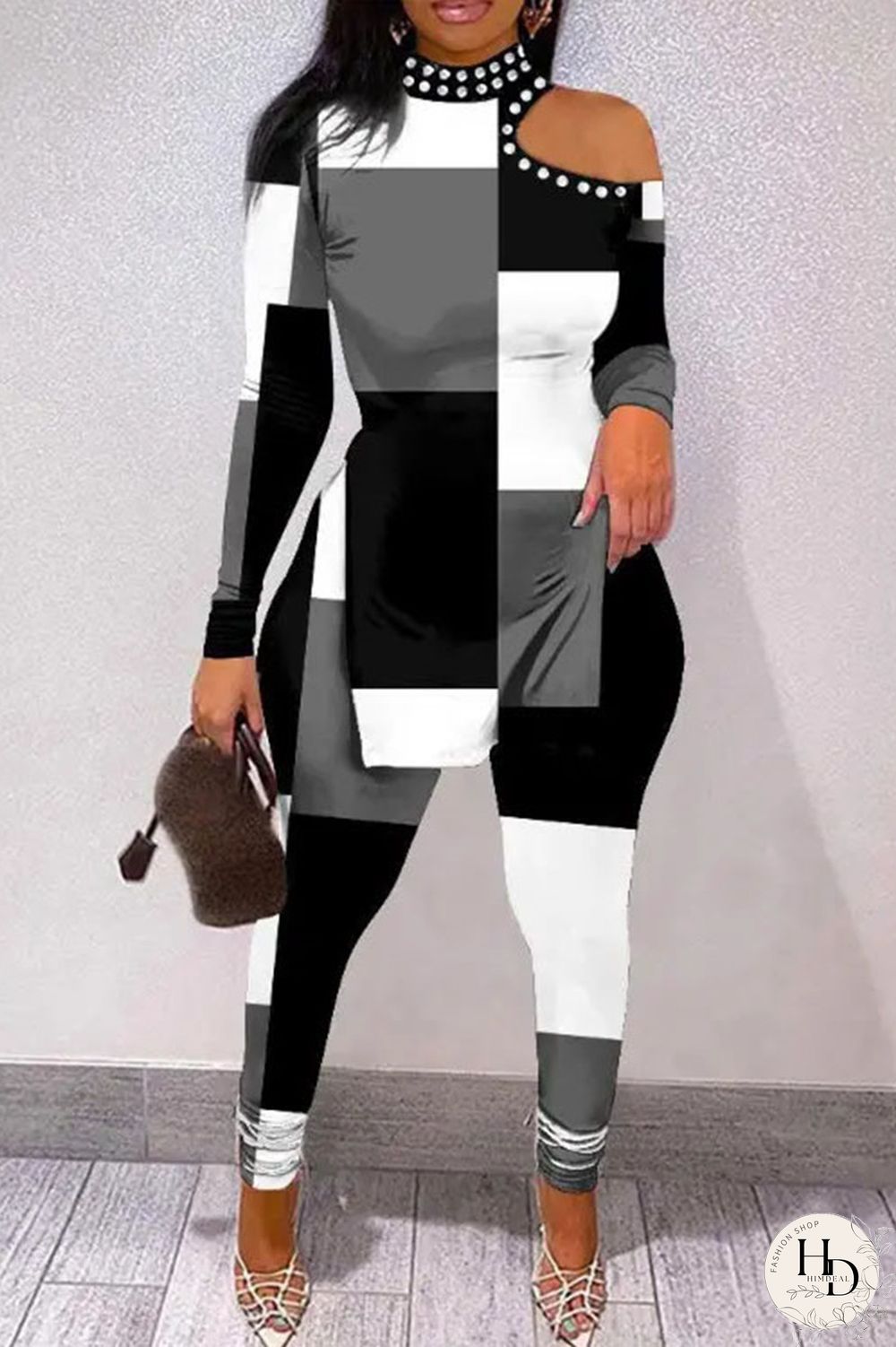 Peacock Blue Sexy Casual Print Hollowed Out Slit Printing Half A Turtleneck Long Sleeve Two Pieces