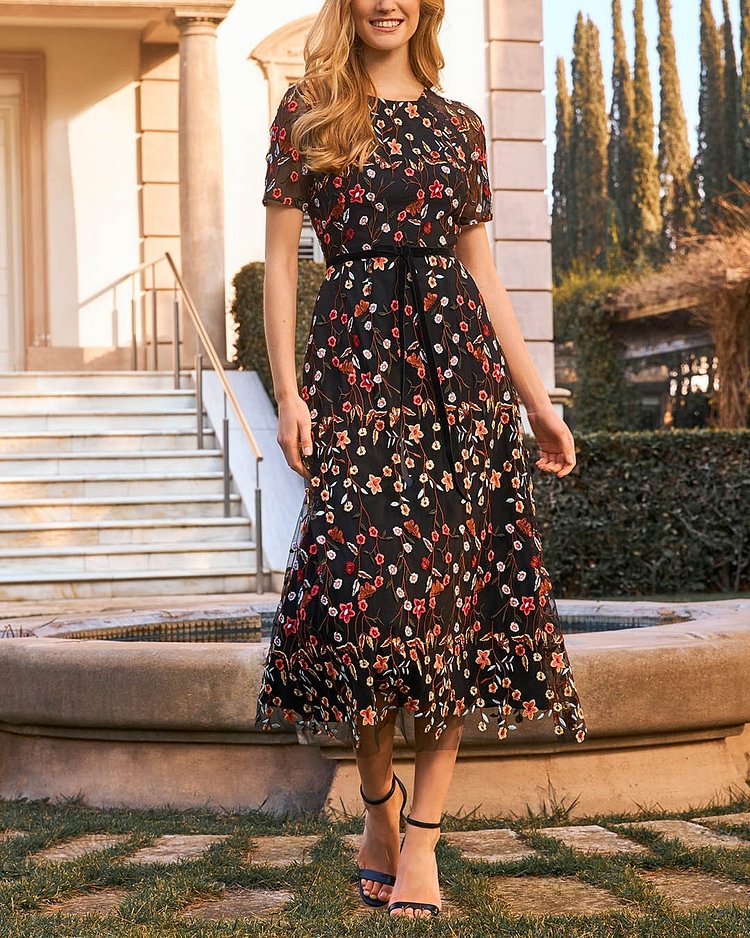 floral lace round neck midi dress gown