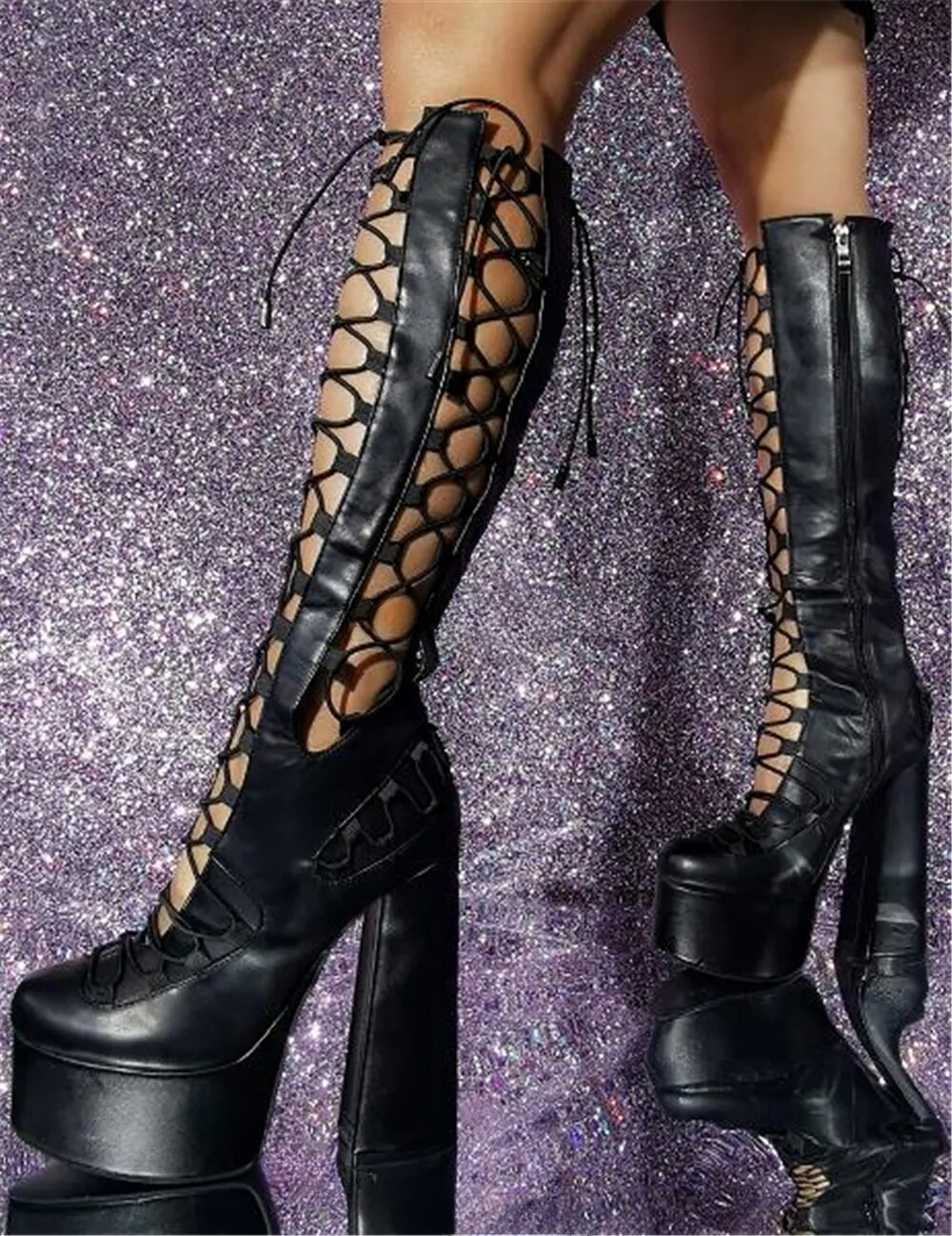VCSHOES Pink High Platform Chunky Heel Boots Round Toe Cut-out Straps-up High Platform Knee High Boots