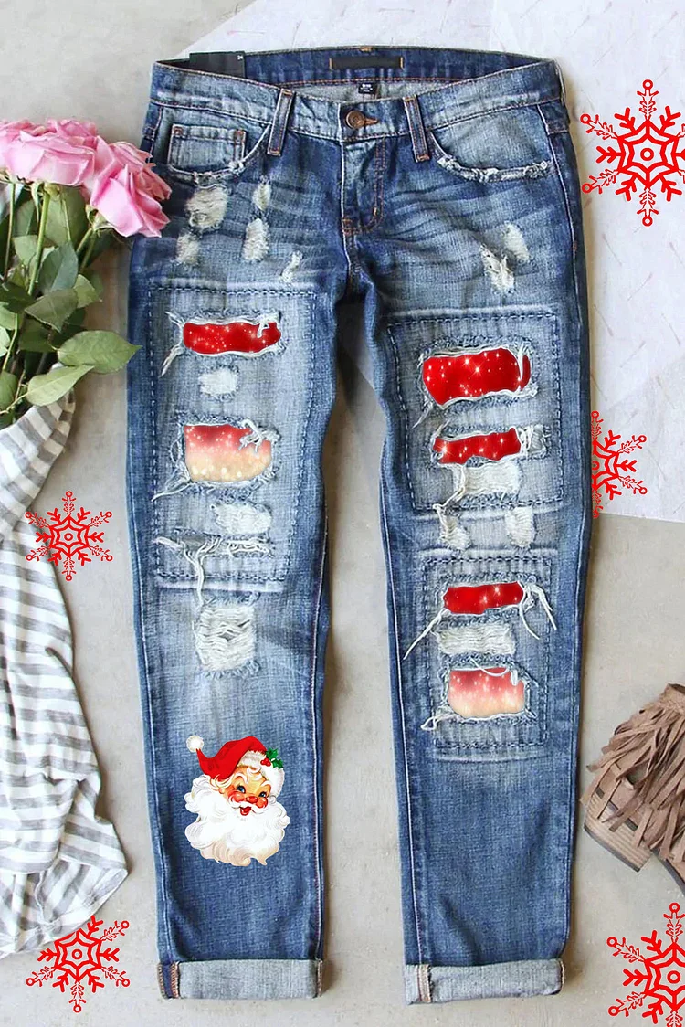 Red Christmas Santa Print Denim Jeans