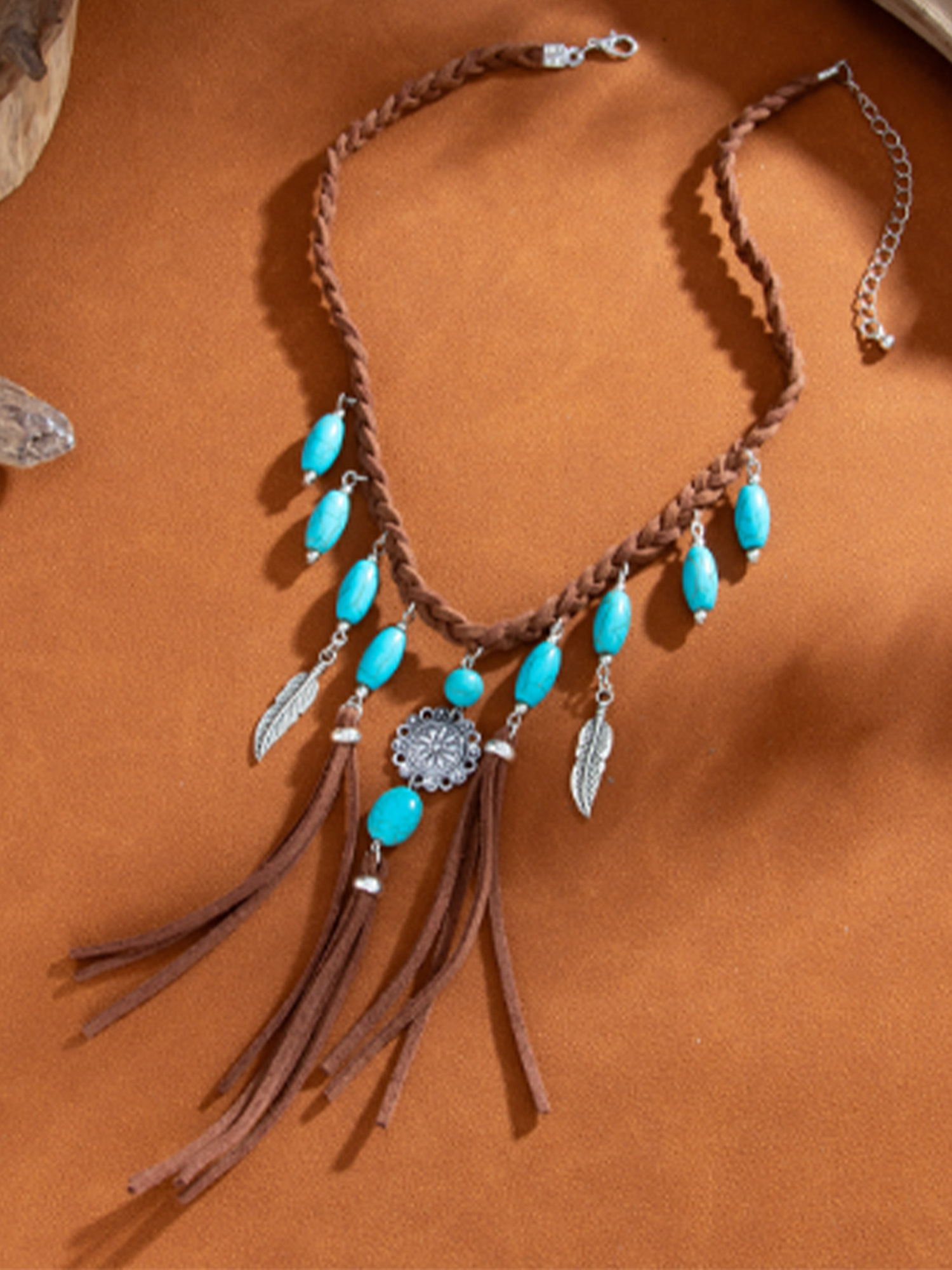 Ideal For Music Festivals Or Wilderness Shoots &mdash; Vintage Coffee Braided Leather & Turquoise Inlay Dynamic Feather Tassels Handcrafted Boho Chic Necklace