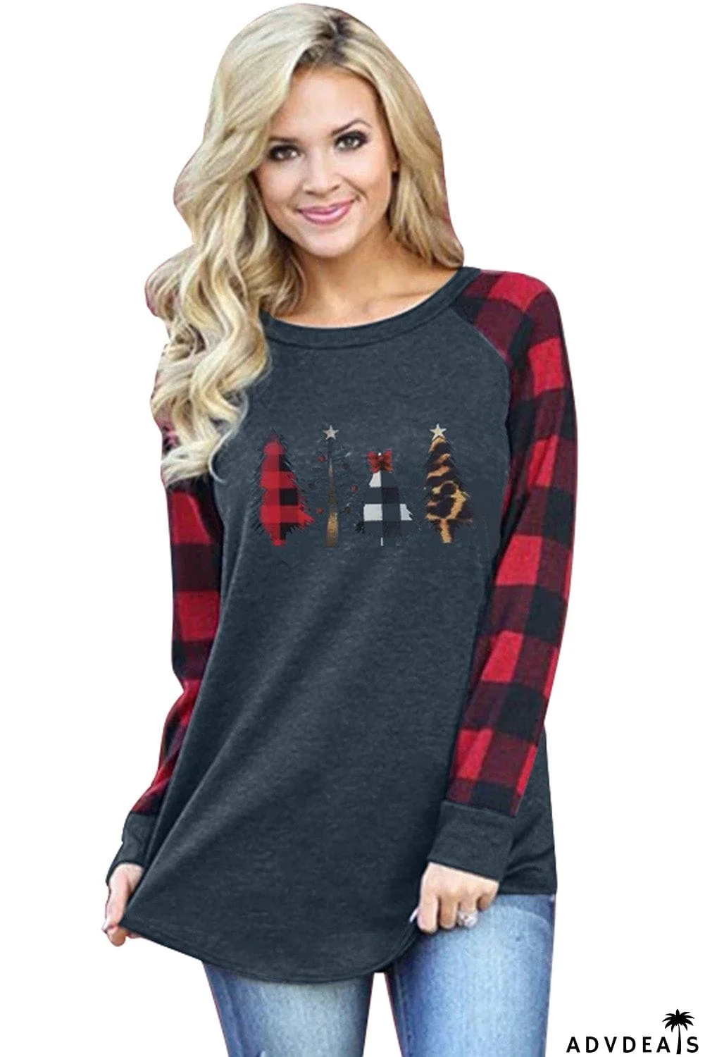 Christmas Pattern Plaid Splice Long Sleeve Top