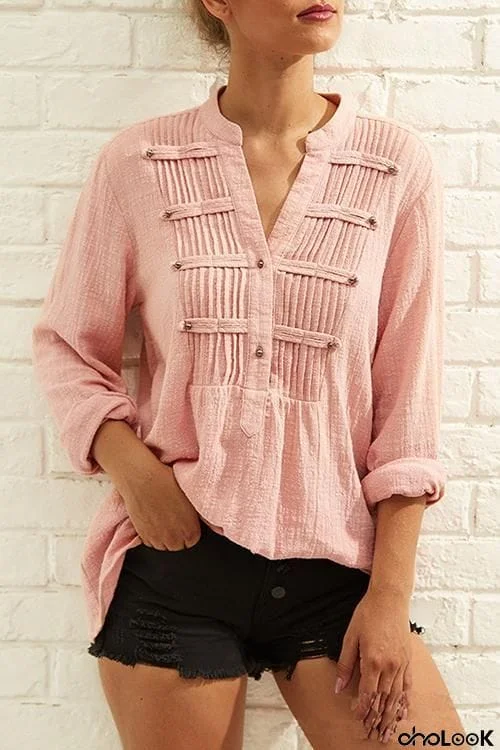 Pleated Buttoned Long Sleeves Blouses