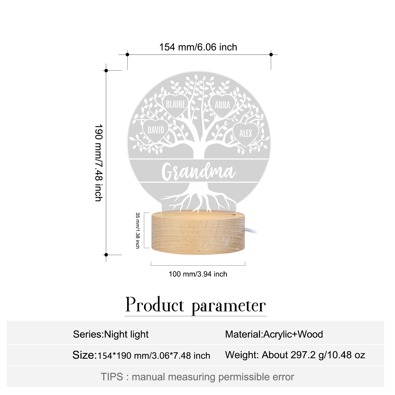 À ma Mamie/Maman - Lampe de chevet Arbre de vie LED Lumières 5 Prénoms Personnalisés pour Famille
