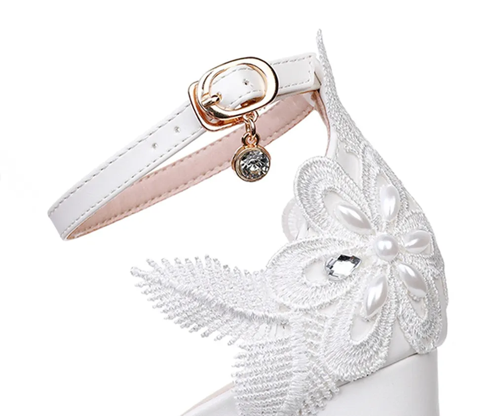 Breakj Breakj Cm Thick Heel Shallow Mouth With Sandals Round Head Fish Mouth Flowers Nails High Heel Sandals White Wedding Shoes