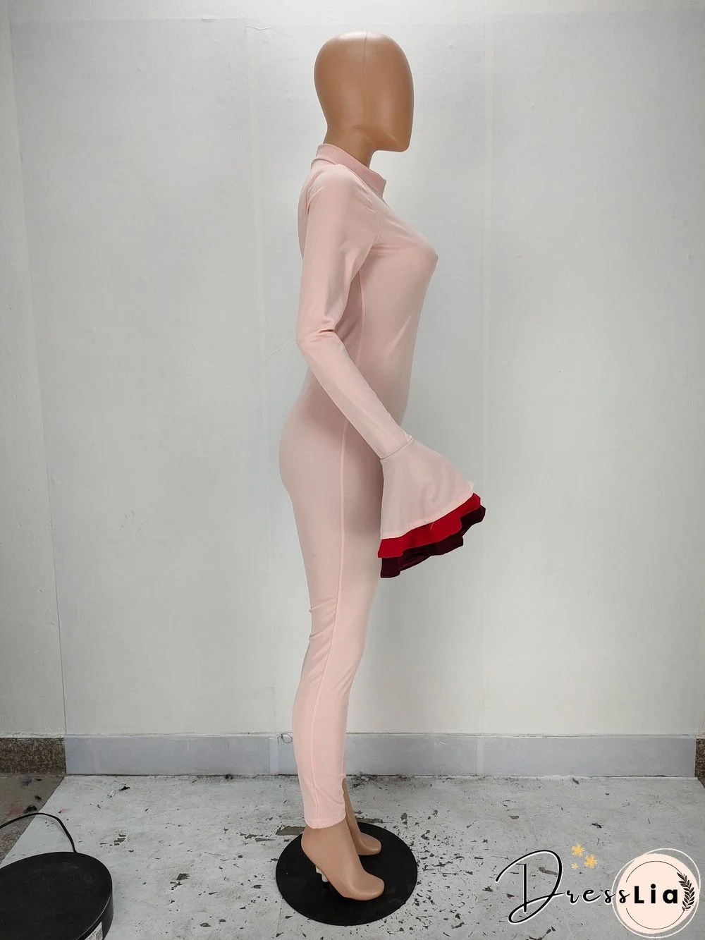 Matching Color Flared Sleeve High Waist Bodycon Jumpsuit