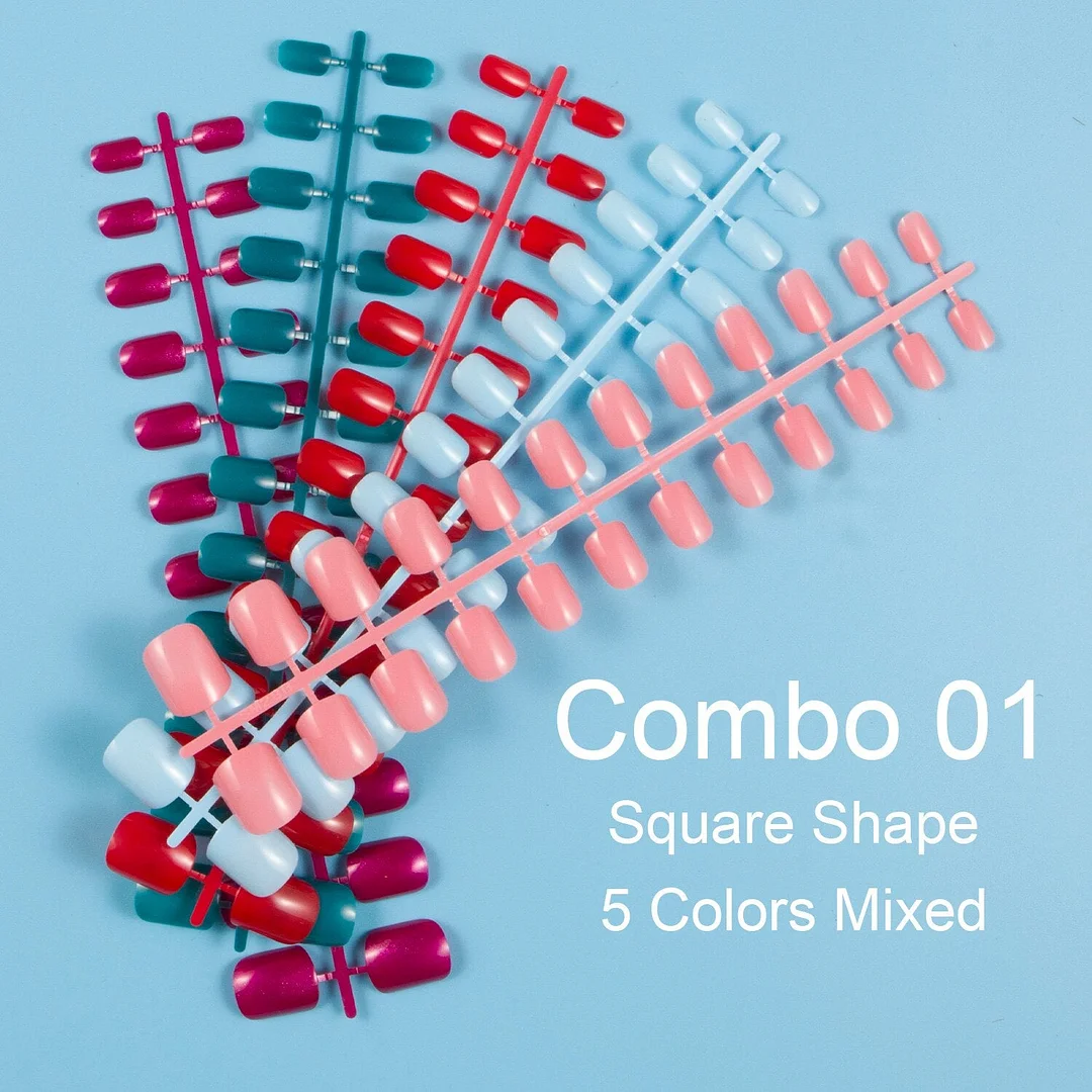 24 Pieces/Set, 5 Sets Mixed Colors Short Square False Nail Tips Press on Fake Nail Tips 10 Sizes Full Cover Nails Combo 09