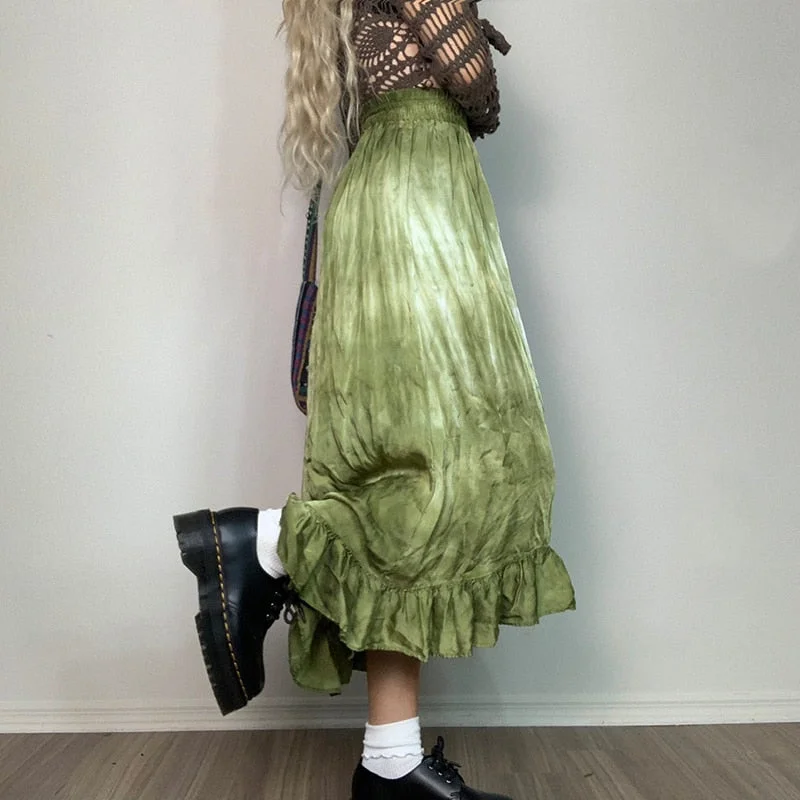 Rapcopter y2k Printed Mid-Claf Skirts Ruffles Kawaii Long Skirts Grunge Fairycore Aesthetic Straight Skirts Women 2000s Sweet