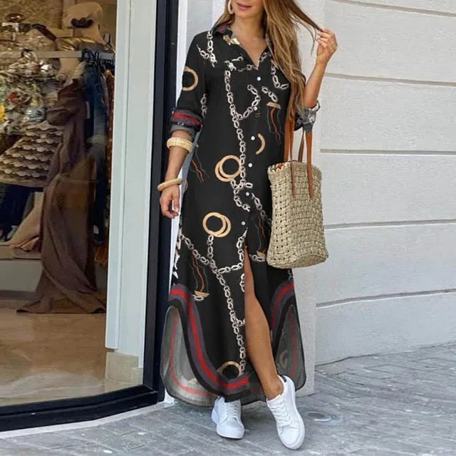 Autumn Long Dress Long Sleeve Shirt Dress Women Denim Long Dresses Pocket Button Shirt Print Dress Casual Loose Dresses 2021