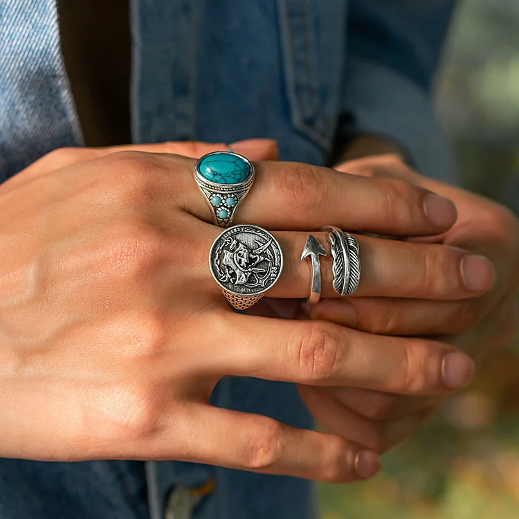 Olivenorma Turquoise Silver Arrow Feather Skull Ring Set