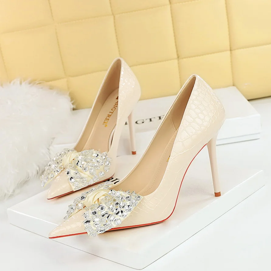 Colourp Colourp Korean Version Of Fashion Banquet High Heels Fine Heel Super High Heel Shallow Mouth Pointed Water Diamond Bow Single Shoe Woman
