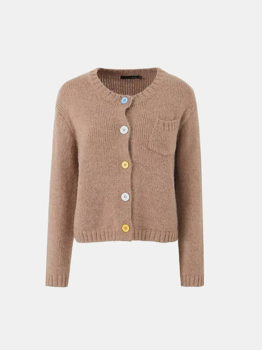 Round Neck Colored Buttons Knit Cardigan