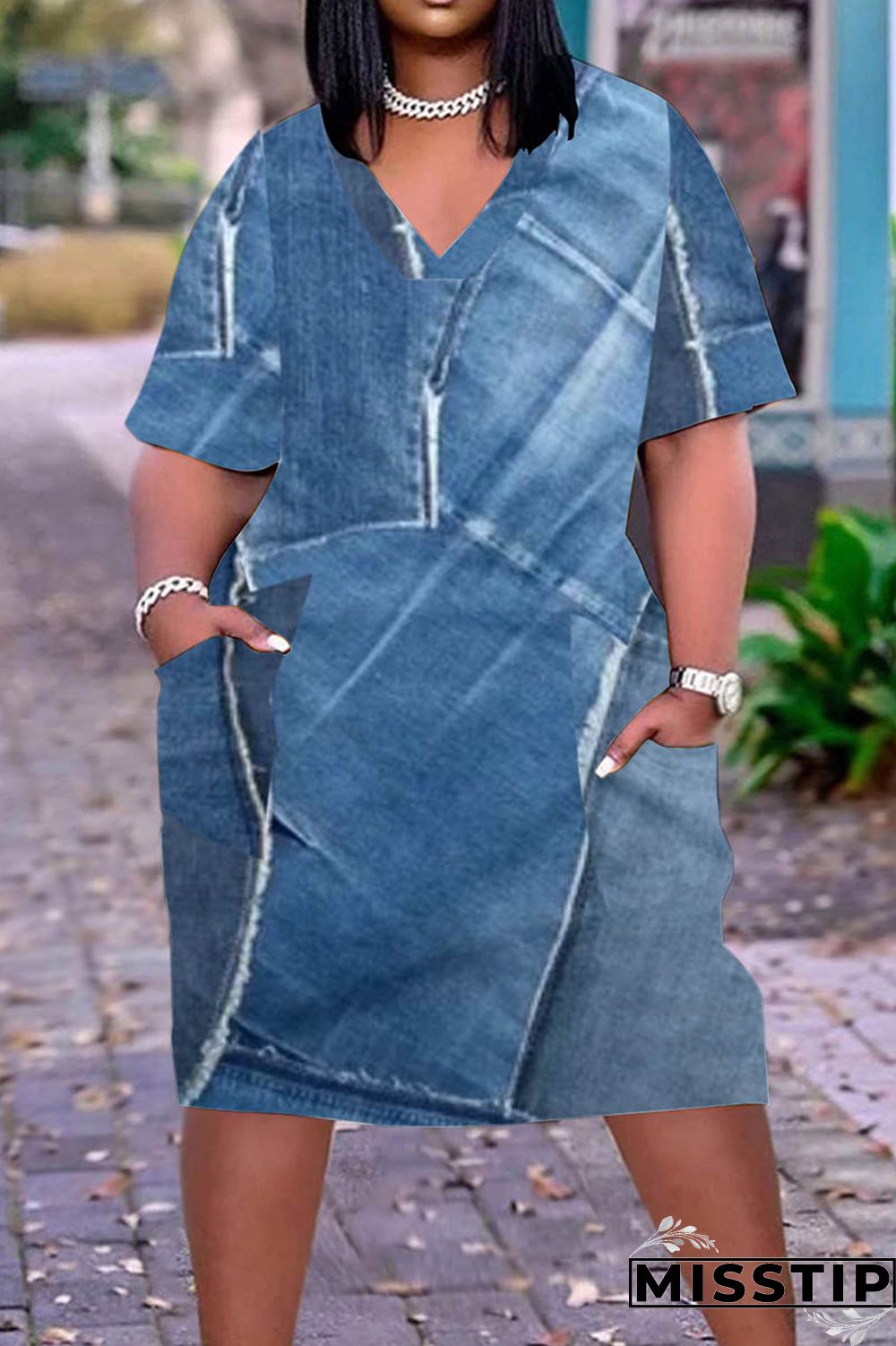 Multicolor Casual Print Patchwork V Neck Short Sleeve Dress Plus Size Dresses
