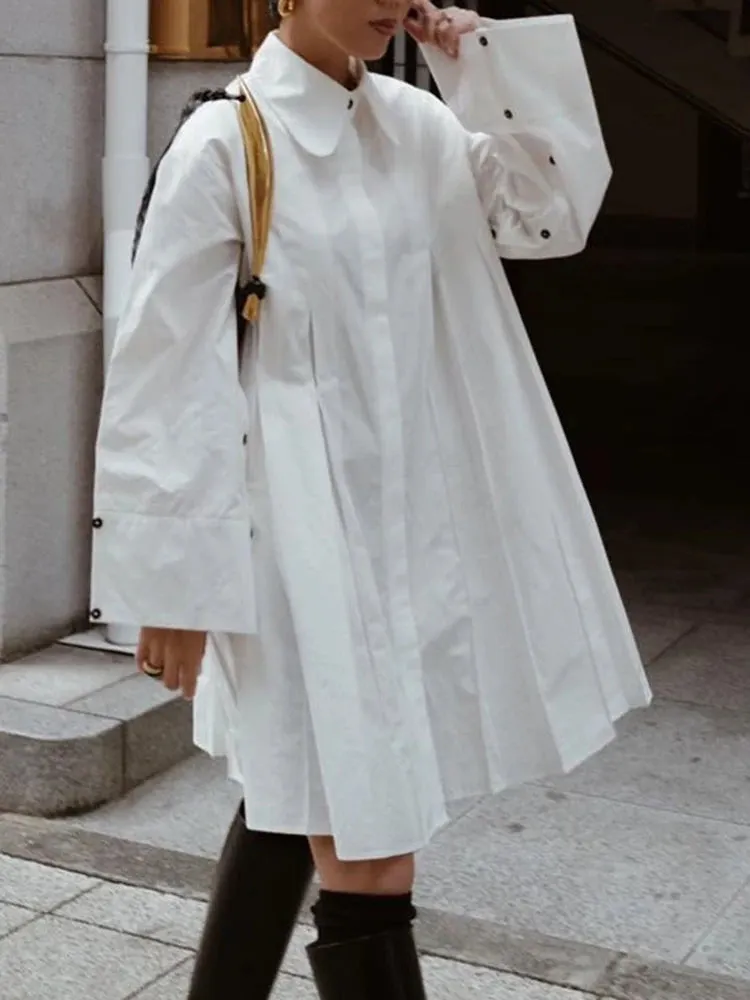Urban White Lapel Bottoned Long Sleeve Pleated Hem Dress