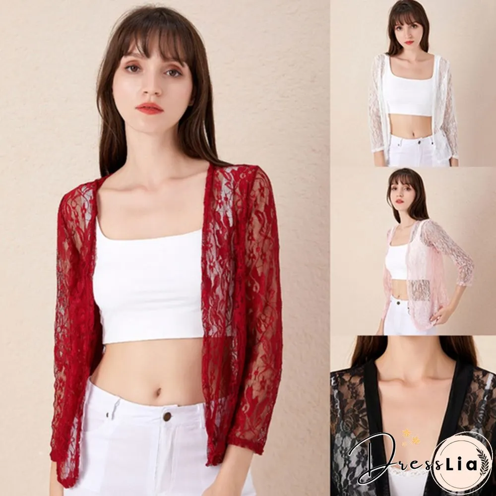 Womens Fashion Lace Cardigans Long Sleeves Solid Color Slim Fit Coat Casual Trench Outwear