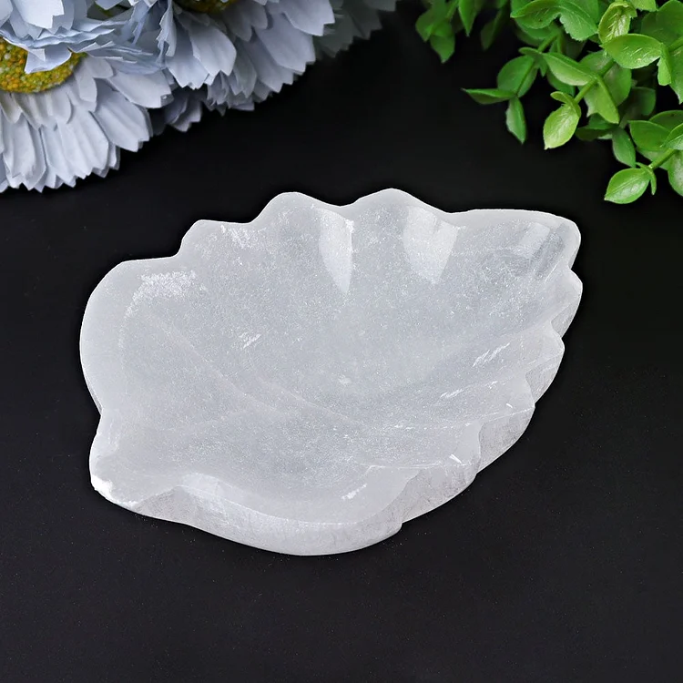 4.8" Selenite Leaf Shape Bowl Crystal Carving Plants