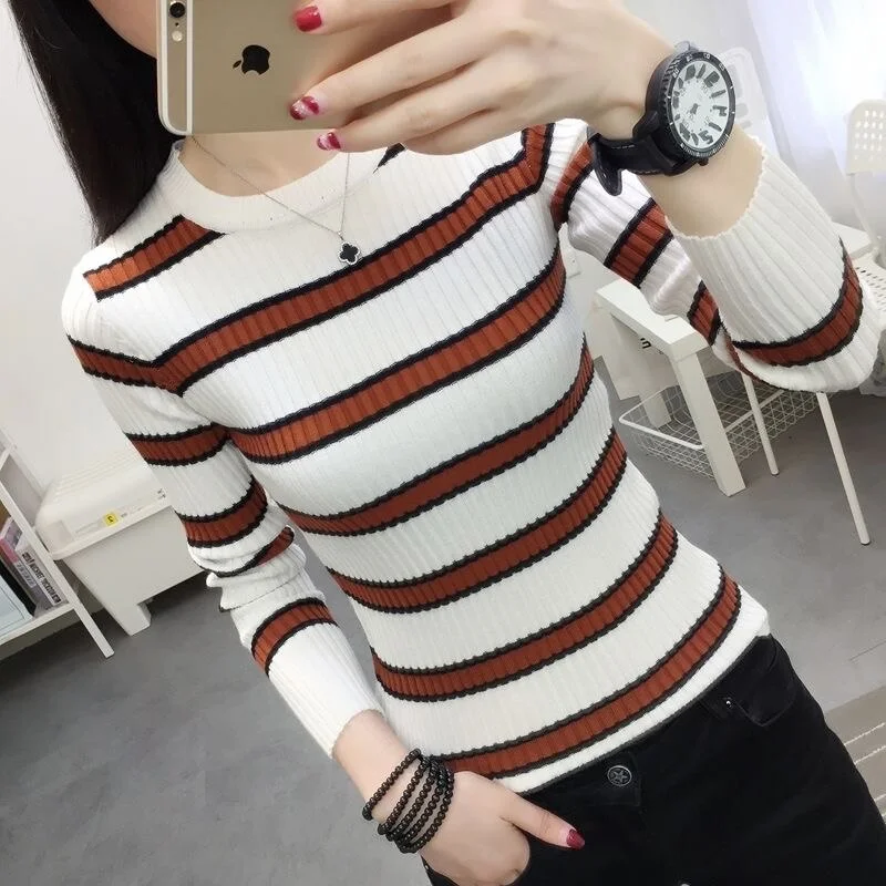 Fall New 0 Neck Striped Sweater Women Korean Fashion Long Sleeve Pullovers Female Slim Fit Knnited Cropped Jumpers Mujer